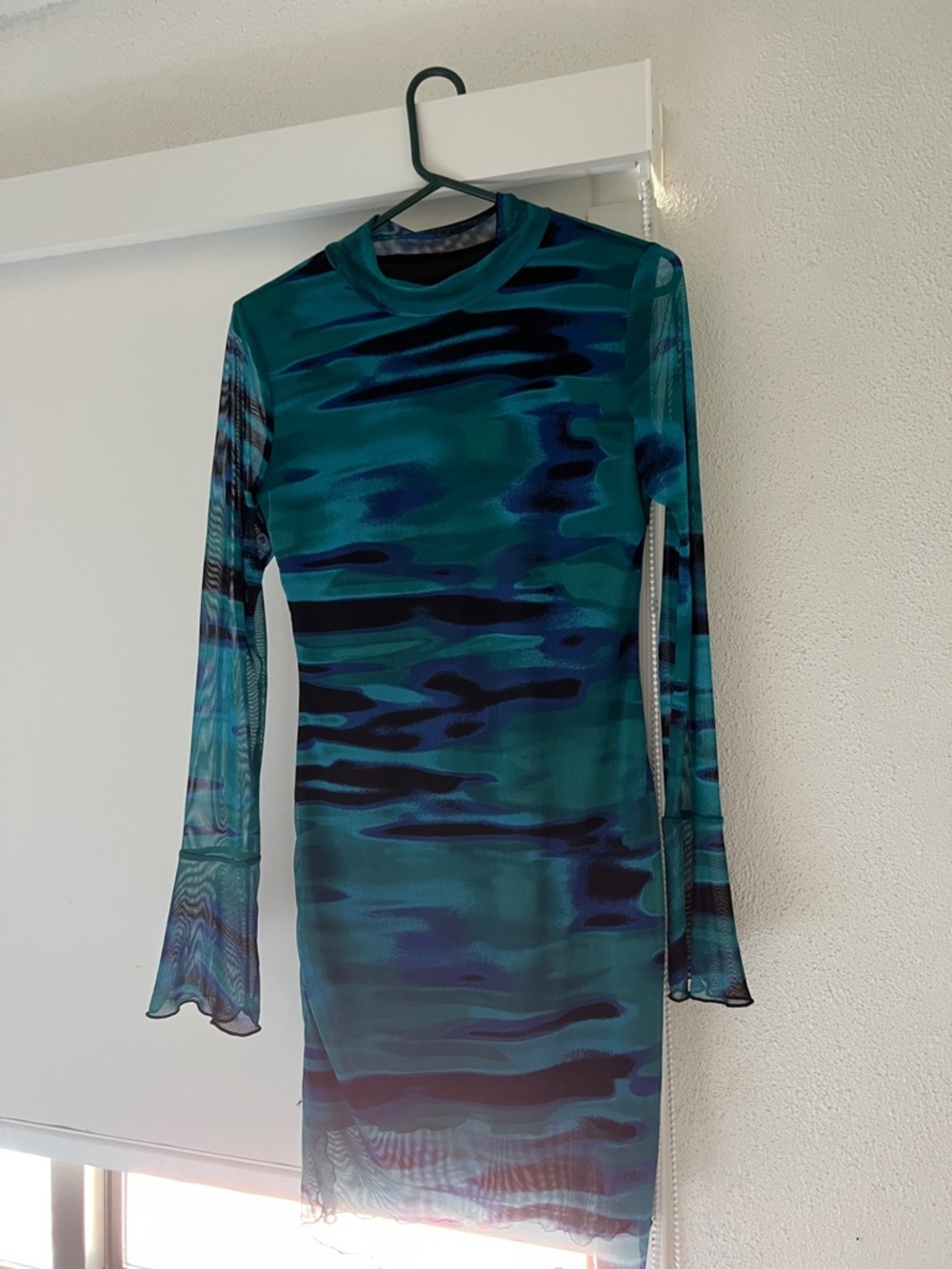 Teal & Navy Wave Print Long Sleeve Mesh Dress